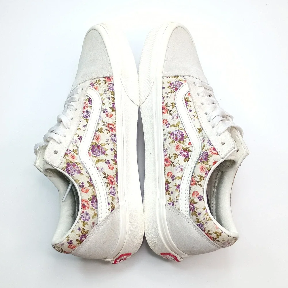 Vans Old Skool Floral Print Sneakers Cream‎ White Suede Womens 8 Mens 6.5 500714